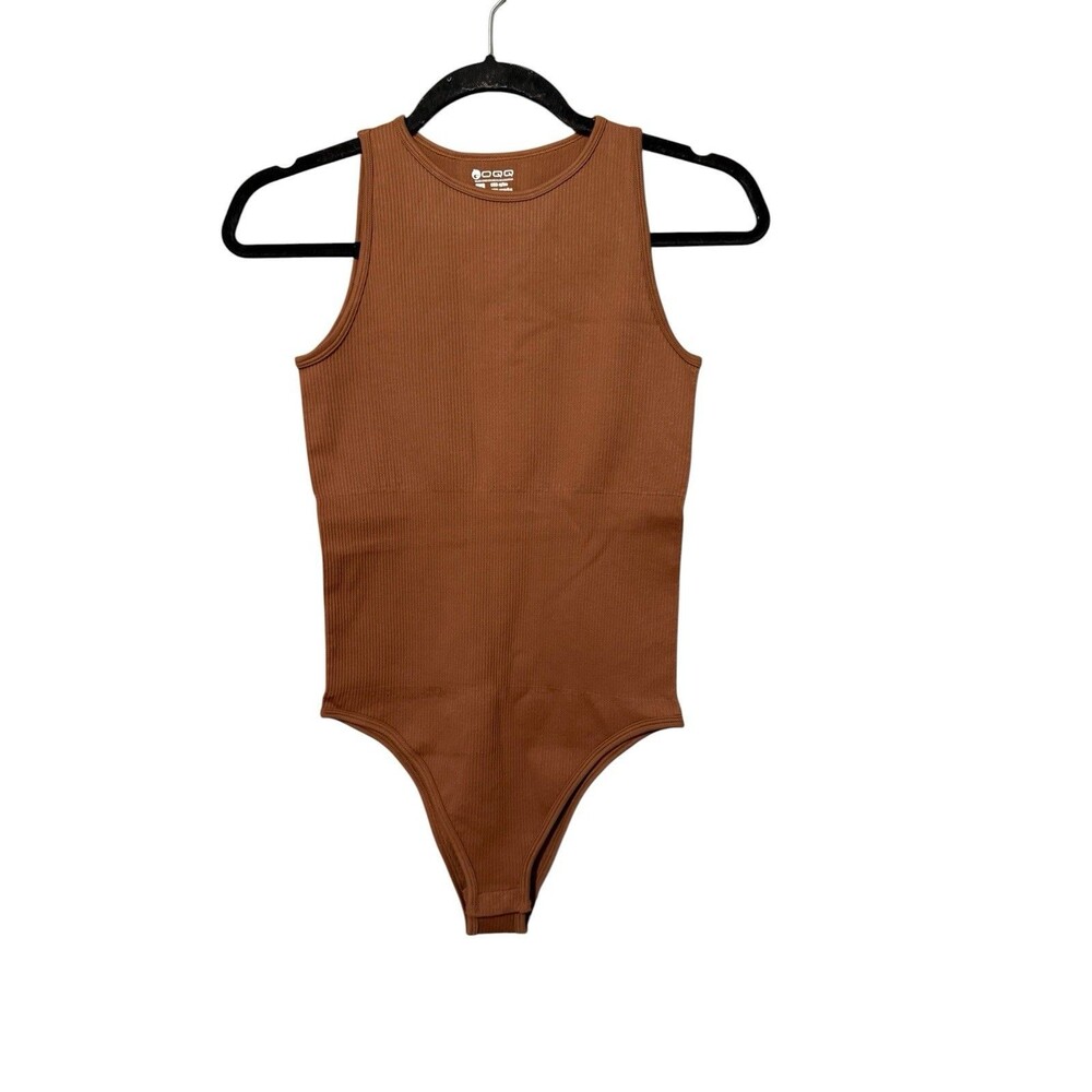 OQQ Ribbed Sleeveless Bodysuit Brown Stretch Snap Closure Medium